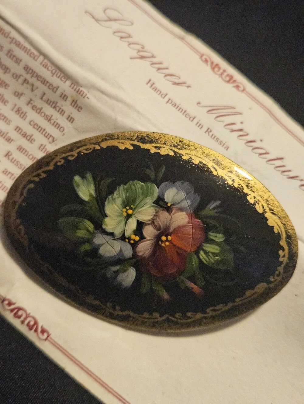 Vintage Fedoskino Russian Lacquer Brooch Pin Hand Painted Floral Pansies